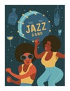 Poster music festival, retro party in the style of the 70`s, 80`s. Vector illustration with stylish musicians characters.